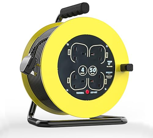 Outdoor Extension Lead,50m Yellow Extension Lead,13A Electrical Extension Reel4 Sockets Cable Reel for Indoor and Outdoor