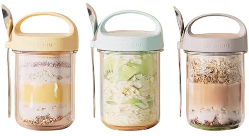 Habwah 3 Pack Overnight Oats jars with Lids and Spoons, Reusable Glass Overnight Oats Container with Measurement Marks, Breakfast Pots (430 ml)