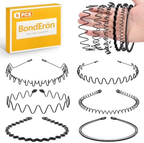 BondEron 6 Stück Metall Haarreifen Rutschfest mit Welle, Flexibel Haarband Stirnband für Männer & Herren Unisex Sport Alltag Yoga, Schwarz