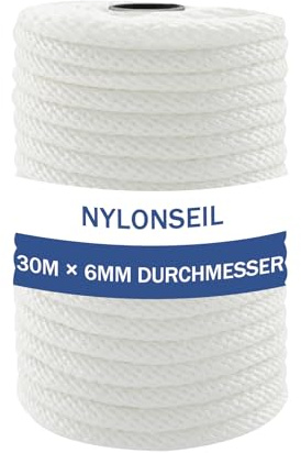 NQ Nylonseil 30m x 6mm Durchmesser, hochreißfestes Tauwerk aus Nylon, wetterfest und UV-beständig, ideal für Camping, Outdoor, Haushalt und Handarbeit DIY (Weiß)