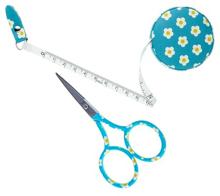 The Quilted Bear - Daisy Print 3.5 Embroidery Scissors & Daisy Retractable Tape Measure with Double Sided Metric & Imperial Measuring Tape for Sewing, Tailors or as a Body Measuring Tape 150cm/60