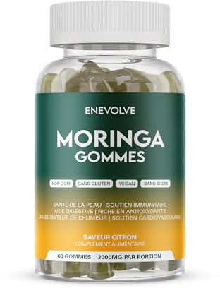 ENEVOLVE Moringa Gommes 3000mg Santé de la peau | Soutien immunitaire | Aide digestive | Riche en antioxydants | Stabilisateur de l’humeur | Soutien cardiovasculaire