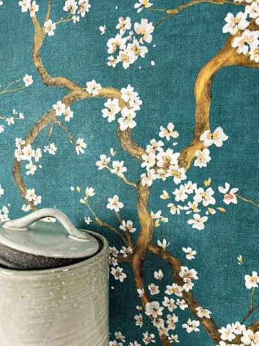 Newroom Vliestapete Petrol Kirschblüten Gold Tapete Wohnzimmer | Metallic-Schimmer, feine Leinenstruktur, Blütenzweige, Japandi luxuriöser Stil, Mustertapete Wandtapete, Schlafzimmer