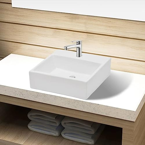 Qnhdfrt Lavabo en céramique, blanc, carré, 38 x 30 x 11,5 cm, brillant, avec trou pour robinet, pour salle de bain, invités, WC et camping, design moderne