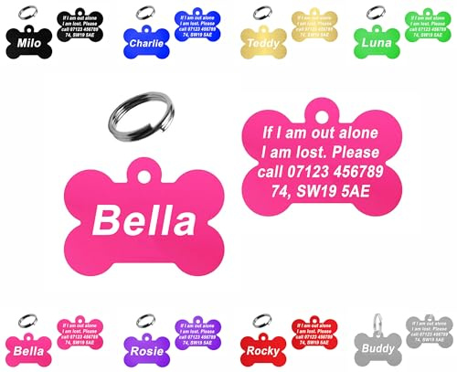 Personalised Engraved Dog Tag | 38mm Wide Bone Shape | ID Tag for Pets | Vibrant Colours (Pink)