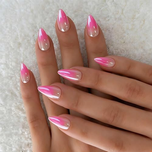 KQueenest Chrome Ombre Hot Pink Press on Nails Short Almond, Glazed Cute False Nails with Sparkle Mirror Design, Shiny Glitter Fake Nails Stiletto, Gradient Nude Artificial Nail Press ons 30 Pcs
