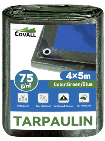 COVALL Telo impermeabile esterno 4mx5m,75g/㎡ con protezione UV Telone blu | Resistente ai raggi UV e allo strappo,occhielli metallici antiruggine,multiuso per auto,giardino,campeggio