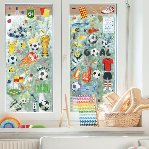 Pwsap Fönsterbilder självhäftande fotbollsdekoration, 86 stycken klistermärken fönsterklistermärken, dubbelsidigt tryckta sommarfönsterbilder för fönsterdekoration barnrum butik fest