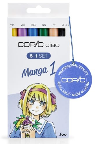 COPIC Ciao märkpenna 5 + 1 set Manga 1, 5 alkoholbaserade allround-layoutmärkpennor med en mediumbred och en penselspets, inkl. 1 multiliner 0,3 mm, flerfärgad