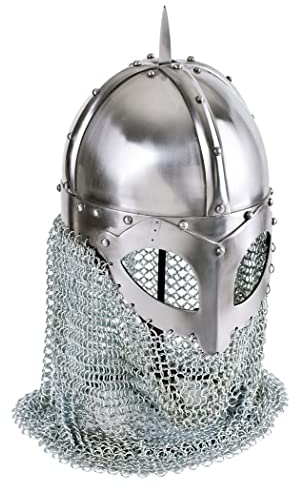 Battle-Merchant Wikinger Brillenhelm mit Kettenbrünne, 2 mm Stahl | Helm Replik 10. Jh., mit Lederinlay, Schaukampf, Reenactment, LARP, Historische Darstellungen & Fantasy Cosplay