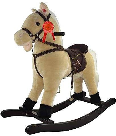 Sport1 - Schaukelpferd Rodeo aus Holz und weichem Stoff mit Sound-Effekt, Farbe Beige
