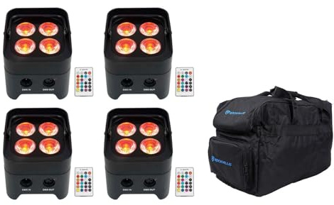 Rockville Best PAR 50 Bundle: (4) Rechargeable Par Can Wash Lights with Wireless DMX RGBWA UV, RLB30 Carry Bag for Slim Par Lighting Accessories, 5-Items