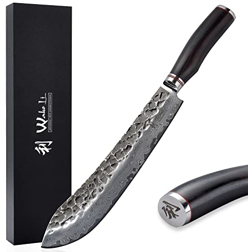 Wakoli EBO Damast Blockmesser BBQ 25 cm – BBQ Grillmesser aus 67 Lagen Damaststahl mit VG10 Kern und Hammerschlag, Härtegrad 60±2 HRC, Griff aus schwarzer Eiche, Fleischmesser mit Geschenkbox