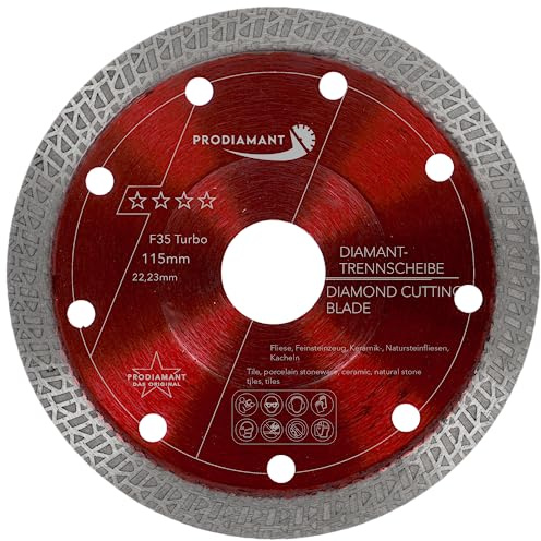 PRODIAMANT Diamanttrennscheibe F35 Turbo Premium 115 mm – Fliesen & Feinsteinzeug – extra dünn 1,3 mm – verstärkter Flansch – Ø22,23 mm – saubere, ausrissfreie Schnitte für Winkelschleifer