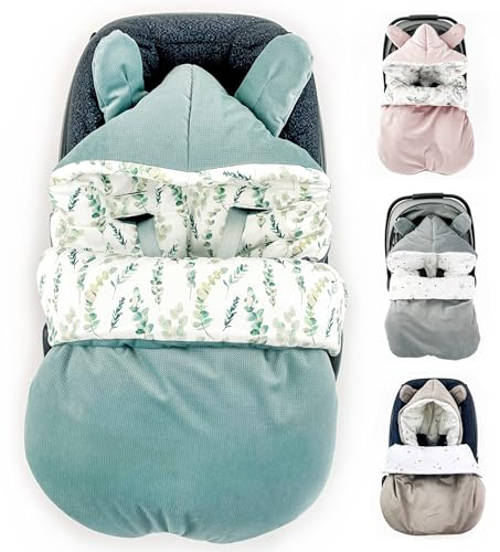 Winterfußsack Fußsack Babyschale Winter Herbst Babyfußsack warm, Einschlagdecke Baby Kinderwagen Buggy universal 3-Punkt und 5-Punkt Gurt EUKALYPTUS