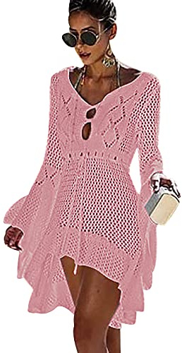 Vestido Punto Playa Tejido Mujer Cuello V Corto Boho Cover Up Beach Vestidos Crochet Playas Cortos Túnica Croche Playa Bohemio Mujer Cover-Up Bikini Cover Up Beach Cover Ups Dresses Playero Rosa