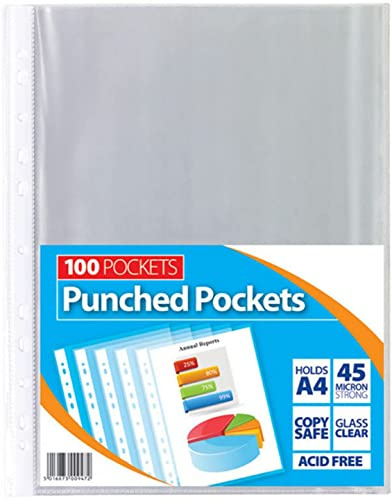100 Stück A4-Kunststoff-Prospekthüllen, 45 Mikron hochwertige Hüllen für Abheftungen, Ordner und Brieftaschen, hervorragende Haltbarkeit und ein makelloses, kristallklares Glas-Finish