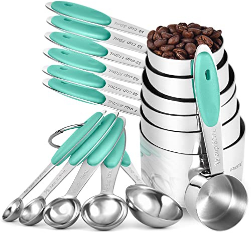 U-Taste Messbecher und Messlöffel Set, 18/8 Edelstahl, 12 Stück, Aqua Sky | Griff mit Verbesserter Dicke, Amerikanisch