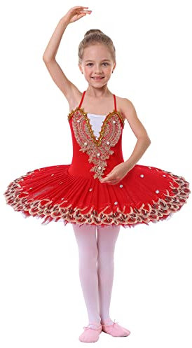 Ballettkleidung Mädchen Kinder Spaghettiträger Blume Feder Stickte Ballettkleid Tanzbody Turnanzug Tüll Tutu Tanzkleid Gymnastikanzug Ballettanzug Balletttrikot Ballerina Kleider A#Rot 9-10 Years