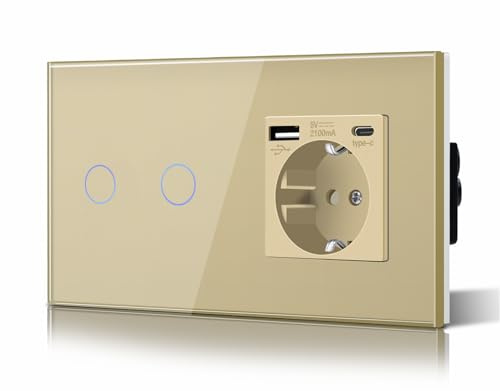 BSEED Interruptor Tactil luz pared,Vidrio Panel con luz Piloto,Sin Función Wifi,2 Gang 1 Vía,157mm Oro