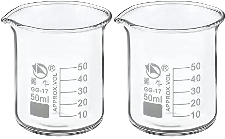PATIKIL 2 Packung 50ml niedrige Form Glasbecher 3,3 Borosilikatglas abgestufte gedruckte Skala Labor Messbecher mit Tülle
