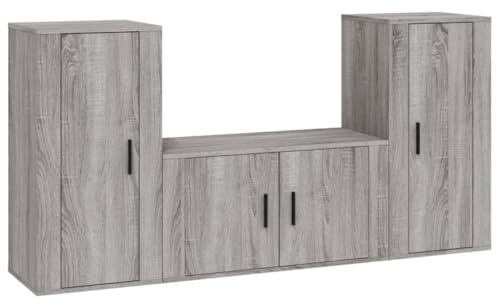 vidaXL TV Schrank Set 3-TLG., Wohnwand Wohnzimmer, Schrankwand Anbauwand mit Stauraum, Lowboard Fernsehtisch Wandmontage, Grau Sonoma Holzwerkstoff