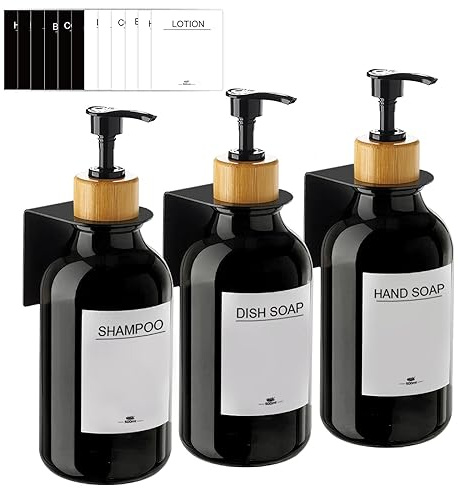 Tvåldispenser för badrum, 3 delar, 500 ml, duschgel och schampo med 3 fästen utan borrning, vägg - svart