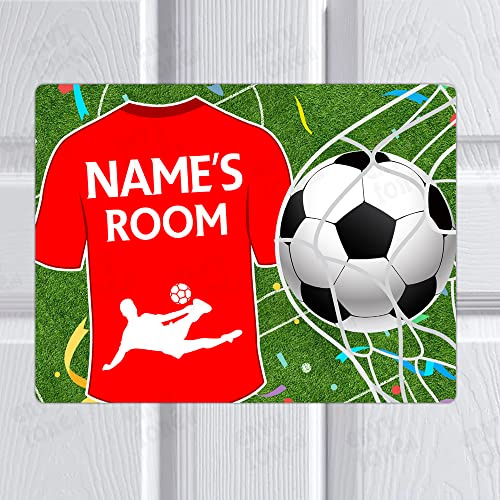 Personalised FOOTBALL Door Sign - Any NAME - Plaque - Boys or Girls Kids Gift - Bedroom Decor Gaming Room - Wall Art - Red Shirt
