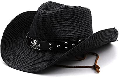 caoxhenr Strohhut Cowboyhut Panama gewebte Sonnenhüte Herren & Damen Metall Totenkopf breite Krempe Cowgirl Westernhut mit Gürtel, BK, Einheitsgröße