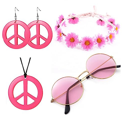 Hippie Kostüm Set, 5 Stück 60er 70er Kostüm Zubehör,Retro Vintage Brille Friedenszeichen Halskette Sonnenblume Krone Haarband, Hippie-Party-Zubehör, Hippie Accessoires Costume für Damen und Herren