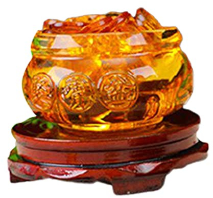 Zeizafa Yellow Wealth Treasure Bowl Statue Decoration Lucky FortuneFeng Shui Chinese Crystal Golden Ingots Glass Feng Shui Chinese Coins