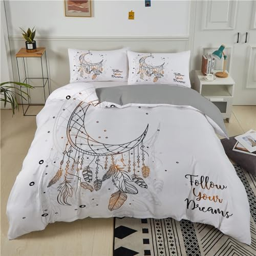 Bettwäsche 140x200 WeißEr TraumfäNger Bettwäsche Set + 2 Kissenbezug 80 x 80 cm Kissenbezug Reißverschluss,Weich Betten Set Für Jugendliche Kinder Schlafzimmer Dekor
