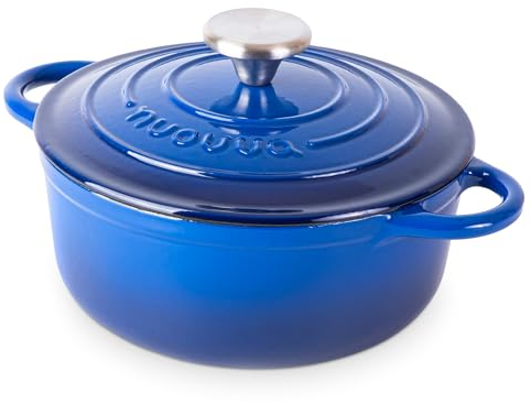 Cocotte en Fonte Émaillée – Casserole Faitout avec Couvercle, Antiadhésif, Marmite pour Induction et Four, 2.1 Liter – Bleu Foncé – par Nuovva