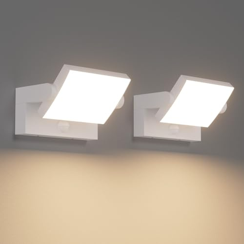 Klighten 2 Stück 24W Außenwandleuchte Außenlampe mit Bewegungsmelder IP65 Wandleuchte Außen Innen Wandlampe mit Schwenkbar LED Panel, Aussenleuchte für Terrasse Korridor, Weiß, Warmweiß 3000K