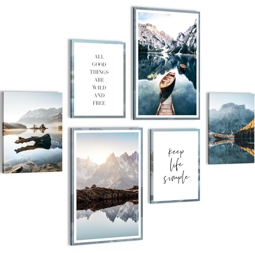 Novart Wandbilder Set Berge und See Natur - KEIN EXTRA RAHMEN BENÖTIGT - Modern Deko - Wohnzimmer Schlafzimmer Flur N003667b