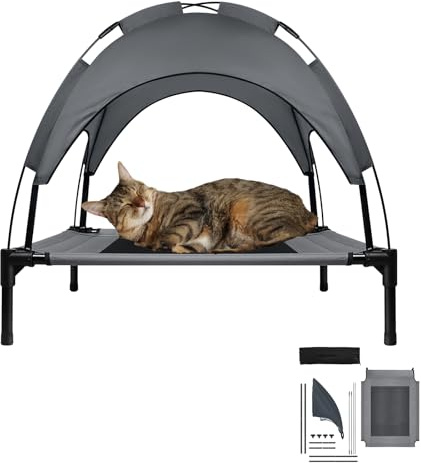 ORHEYA Multifunktionales Haustierbett mit Baldachin, Erhöhtes Hundebett und Katzenbett, Outdoor-Sonnenschutz mit Eisenrahmen, atmungsaktiver Komfort, geeignet für große Tiere, Taftstoff, 76x61x76cm