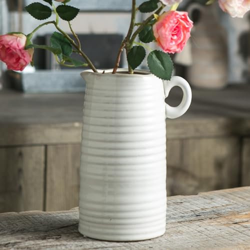 Mowtanco Jarrón de cerámica blanca con mango pequeño, jarra moderna de granja, jarra de leche para decoración del hogar, cerámica texturizada rústica, centro de mesa decorativo esmaltado