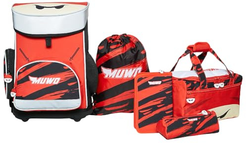 MUWO Kinder Schulranzen Set 5tlg. ergonomischer Leichter Schulrucksack mit Sporttasche, Turnbeutel, Federmappe, nur 920 Gramm (Ninja Design)