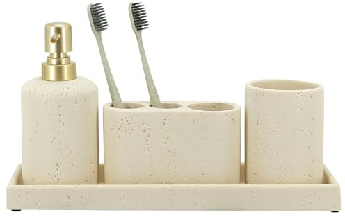 ZCCZ Lot de 4 Accessoires de Salle de Bain Noirs avec Distributeur de Savon, Porte-Brosse à Dents, gobelet de Salle de Bain et Plateau de Coiffeuse, Organisateur décoratif pour Plan de Travail
