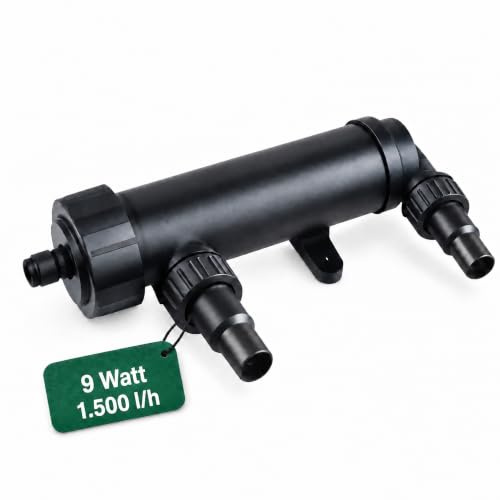 VIALIA UVC Klärer Teich CUV-109A, 9 Watt, gegen Schwebealgen | Kristallklares Teichwasser ohne Chemie – mit UV-Schauglas, Schnellverschluss und Anschlüssen für 19/25 mm Schläuche