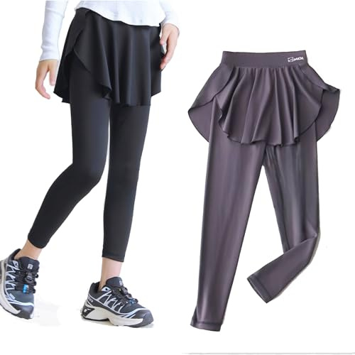 MZSYLK Leggings för flickor med kjol, yogabyxor, hög midja, stretchiga, atletiska byxor för flickor, barn, yoga, dans, vardag, Svart + grå + kjol, 9-10 År