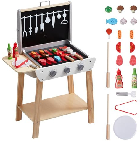 VEVOR Jouet barbecue grill set, 21 PCS, ensemble de jouet de cuisine en bois pour enfant avec aliments et outils de grillades, jeu de petit chef interactif d'intérieur/extérieur pour cadeau de 3-8 ans