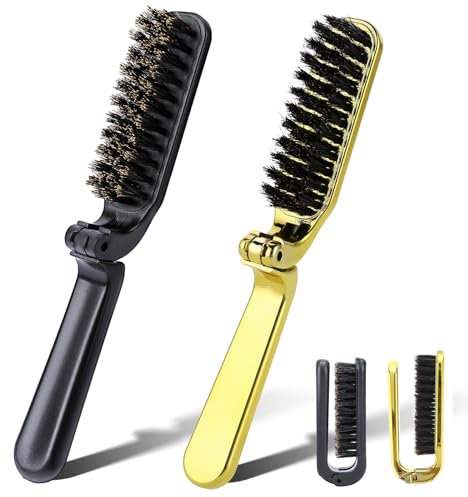 Lot de 2 mini brosses à cheveux pliables en poils de sanglier naturels - Format de poche - Pour femme - Outil de coiffure - Mini brosse à barbe pour homme