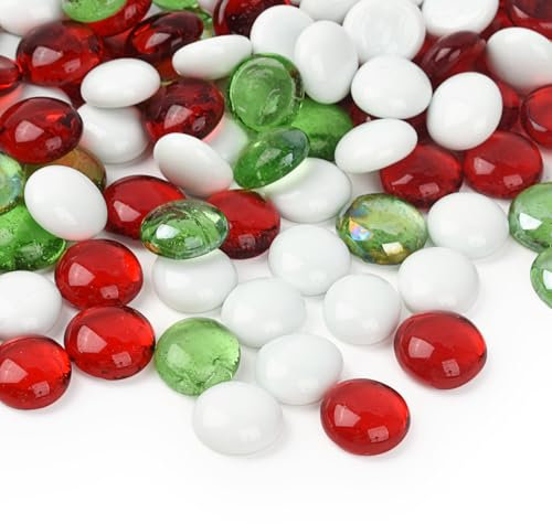 HUIANER Ciottoli di vetro rotondi natalizi, 450 g, colori misti, pietre piatte da spargere, gemme da spargere per vasi, decorazione per acquario, decorazione da giardino (100 circa)
