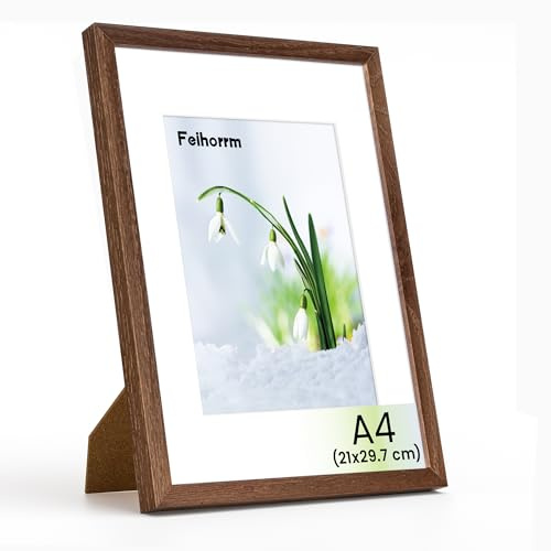 Feihorrm Bilderrahmen, A4 Fotorahmen aus Eiche, Mit gehärtetem Glas, Für 21x29,7 cm-Fotos ohne Passepartout oder 13,9x20 cm-Fotos mit Passepartout (Dunkel Braun, A4 (21x29,7 cm)/ 1x)