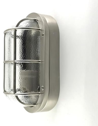 Licht-Erlebnisse Kellerlampe Glas Echt-Messing B: 23 cm IP64 in Nickel matt E27 Maritim Ovalleuchte Feuchtraum Lampe außen Wandleuchte Balkon Haustür