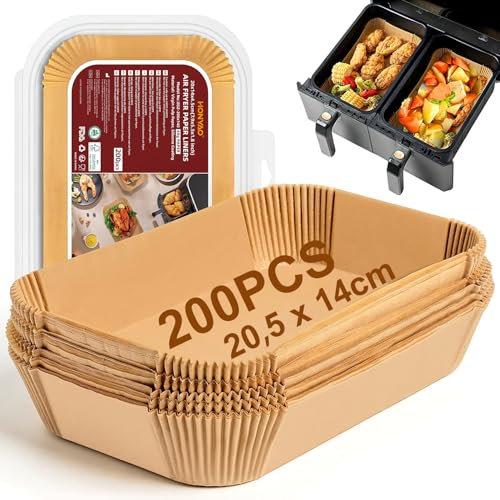 HONYAO Fogli Carta Forno Rettangolare per Friggitrice ad Aria Doppio Cestello, 200 Pezzi 20,5x14 cm Teglia Air Fryer Accessori Compatibile con Ninja Double Stack, Altri Dual Zone Airfryer 7,6-10L