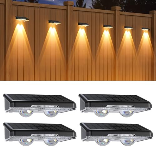 Quntis Outdoor Solar Wall Lights, 4 Pack Solar Fence Lights Warm White & 11 RGB Modes IP64 Waterproof Wireless Stick on Wall Lamp for Outside Garden Front Door Stair Porch Post Deck Yard Railing Patio