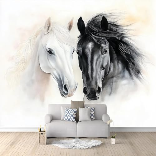 Papier Peint Panoramique Aquarelle Animal Cheval 3D Effet Noir Et Blanc pour Couloir Canapé Fond Décoration, Papier Peint intissé pour Chambre Salon Décoration Murale, 250 x 175 cm