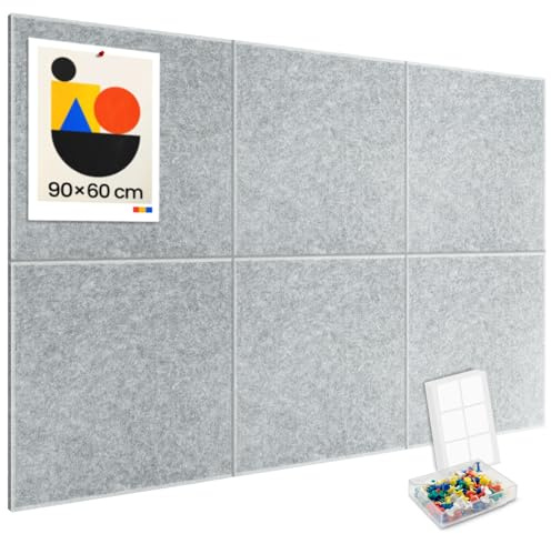 Filz Pinnwand Selbstklebend 90 x 60 cm, 6 Pack Pinnwand Kork Alternative für Wand, Dekorative Vision Board Fotowand Pin Board Memoboard mit 30 Stück Pinnnadeln für Büro, Küche, Schule (Light Gray)